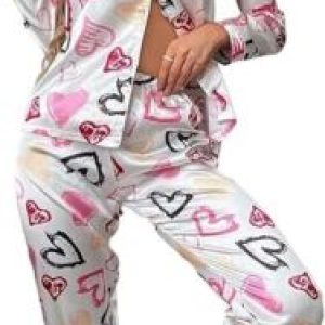 Women Ladies  Satin Heart Print Nightwear Long Sleeve Pyjamas Set Women Gift Set