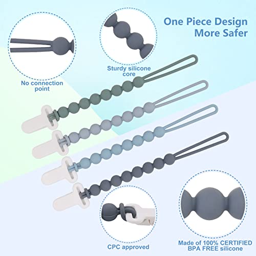 4-Pack Silicone Pacifier Clips with One-Piece Beads for Baby Boys and Girls - Flexible and Rust-Free Holders for Teething Relief and Baby Essentials, Safe for Newborns (Grey) - Image 4