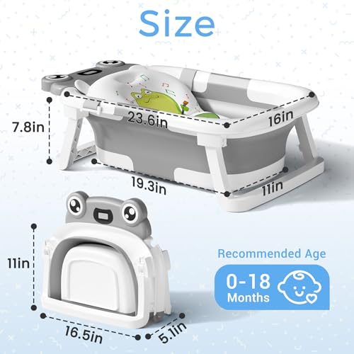 Baby Bathtub, Collapsible Newborn Bathtub for Infant to Toddler 0-24 Months with Soft Cushion and Thermometer,Portable Travel Newborn Tub with No-Slip Feet, Baby Shower Gifts,Grey - Image 3