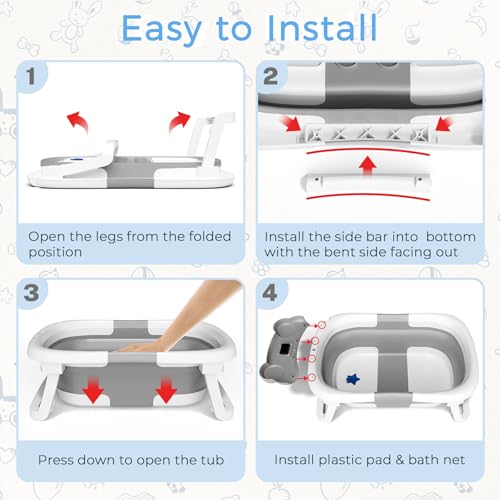 Baby Bathtub, Collapsible Newborn Bathtub for Infant to Toddler 0-24 Months with Soft Cushion and Thermometer,Portable Travel Newborn Tub with No-Slip Feet, Baby Shower Gifts,Grey - Image 6