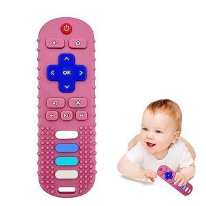 Baby Teething Toys, Food Grade Silicone Teether for Babies 3 6 12 18 Months, TV Remote Shape Toddlers Chew Toys, Freezer BPA Free (Pink RC)