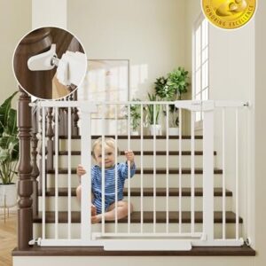Cumbor 29.7-46″ Baby Gate for Stairs, Toddler Safety Essentials for The House, Auto Close Dog Gate for Doorways, Mom’s Choice Awards Winner-Easy Install Pressure Mounted Pet Gates for Dogs, White