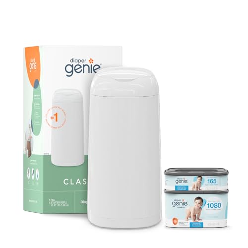 Diaper Genie Classic Diaper Pail Gift Set | Push-N-Lock Odor Control | Includes Starter Refill and Jumbo+ Refill | Holds up to 1,245 Newborn Diapers | Baby Registry Must-Have
