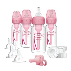 Dr. Brown’s Anti-Colic Baby Feeding Set with Slow Flow Nipples, Travel Caps, Silicone Pacifier – Pink
