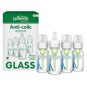 Dr. Brown’s Anti-Colic Options+ Narrow Glass Baby Bottle with Level 1 Slow Flow Nipple, BPA-Free, 4 oz/120mL, 4-Pack