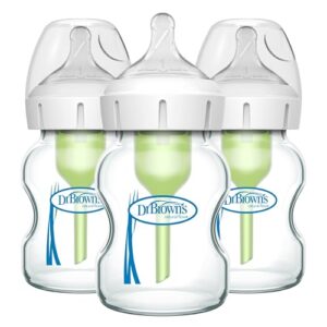 Dr. Brown’s Natural Flow Anti-Colic Options+ Wide-Neck Glass Baby Bottles 5 oz/150 mL, with Level 1 Slow Flow Nipple, 3 Pack, 0m+
