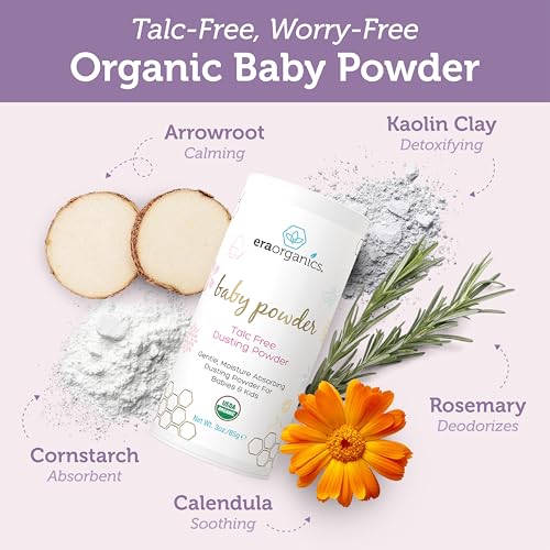 Era Organics Talc-Free Organic Baby Powder - USDA Organic Dusting Powder with Arrowroot, Calendula and Cornstarch for Newborns, Babies or Toddlers - Soothing, Fragrance Free, Made in USA (3oz/85g) - Image 3