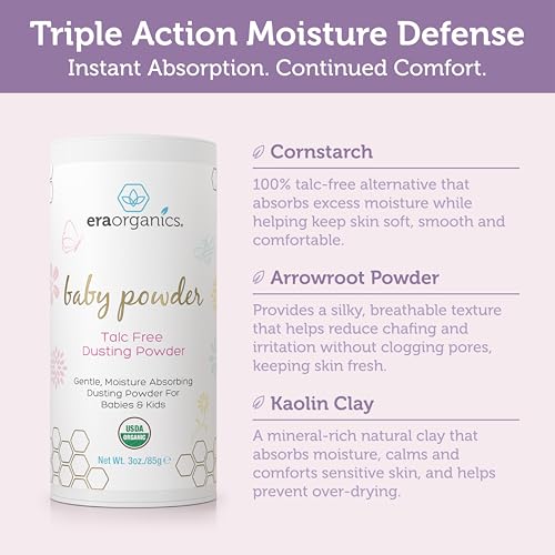 Era Organics Talc-Free Organic Baby Powder - USDA Organic Dusting Powder with Arrowroot, Calendula and Cornstarch for Newborns, Babies or Toddlers - Soothing, Fragrance Free, Made in USA (3oz/85g) - Image 4