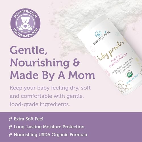 Era Organics Talc-Free Organic Baby Powder - USDA Organic Dusting Powder with Arrowroot, Calendula and Cornstarch for Newborns, Babies or Toddlers - Soothing, Fragrance Free, Made in USA (3oz/85g) - Image 5