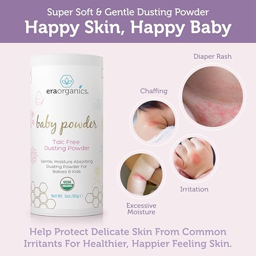 Era Organics Talc-Free Organic Baby Powder - USDA Organic Dusting Powder with Arrowroot, Calendula and Cornstarch for Newborns, Babies or Toddlers - Soothing, Fragrance Free, Made in USA (3oz/85g) - Image 6