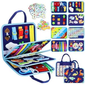Esjay Toddler Busy Board Montessori Toys for Boys, Sensory Book Educational Activities for Learning Fine Motor Skills, Birthday Gifts for Boys Toddlers, Travel Toys for Airplane Car, Blue Dinosaur