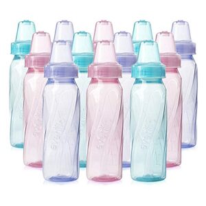 Evenflo Feeding Classic Tinted Plastic Standard Neck Bottles for Baby, Infant and Newborn, Pink/Lavender/Teal, 8 Oz, 12 Bottles