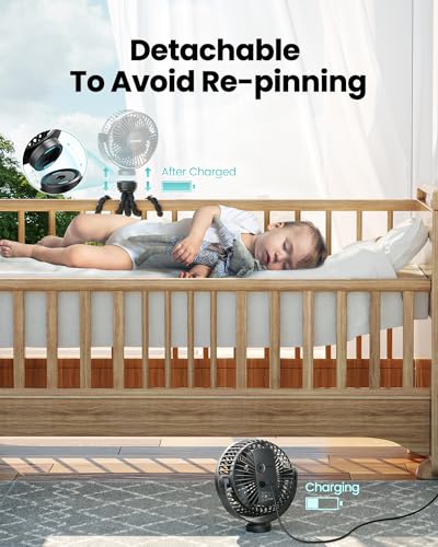 Gaiatop Mini Portable Stroller Fan, Battery Operated Small Clip on, Detachable 3 Speed Rechargeable, 360° Rotate Flexible Tripod Better Cooling for Car Seat Crib Treadmill Travel Black - Image 6