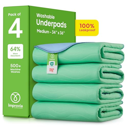 IMPROVIA® Incontinence Bed Pads Washable Waterproof mattress protector - 4 Pack - 34" x 36" Reusable hospital bed, crib Underpads Bedwetting Pee Pads for Adults, Kids, Elderly, Dogs, baby+post partum
