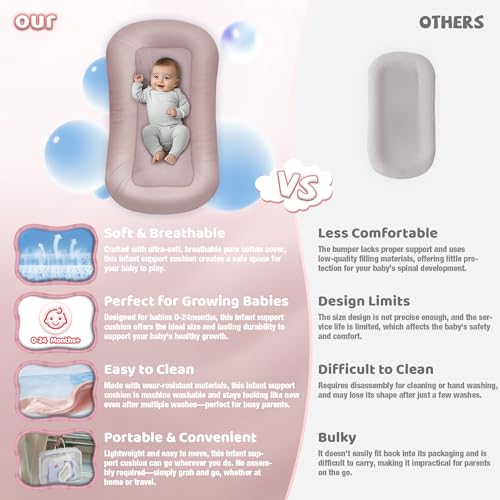 Infant Support Cushion - Baby Support Cushion for Newborn, 0-24 Months, Portable Tummy Time Mat for Home and Travel, Soft Cotton, Supervised Use, Baby Essentials Gift, Pink (Cover Included) - Image 4