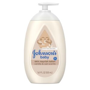 Johnson’s Skin Nourishing Baby Lotion, Vanilla & Oat Scents, Hypoallergenic Baby Body Lotion for 72 Hour Hydration Until Baby’s Next Bath Moisturizes & Protects from Dryness, 16.9 fl. oz