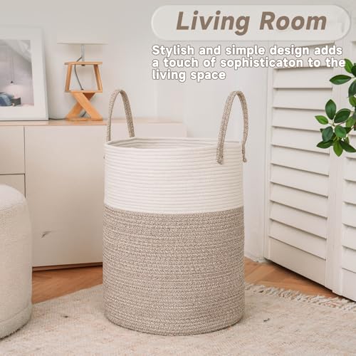 Large Woven Laundry Basket Hamper,60L Cotton Rope Storage Bin for Blankets,Toys and Clothes,Decorative Tall Nursery Hamper for Living Room,Baby Nursery,Bathroom and Bedroom,Brown - Image 4