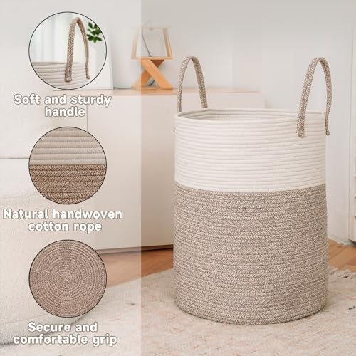 Large Woven Laundry Basket Hamper,60L Cotton Rope Storage Bin for Blankets,Toys and Clothes,Decorative Tall Nursery Hamper for Living Room,Baby Nursery,Bathroom and Bedroom,Brown - Image 7