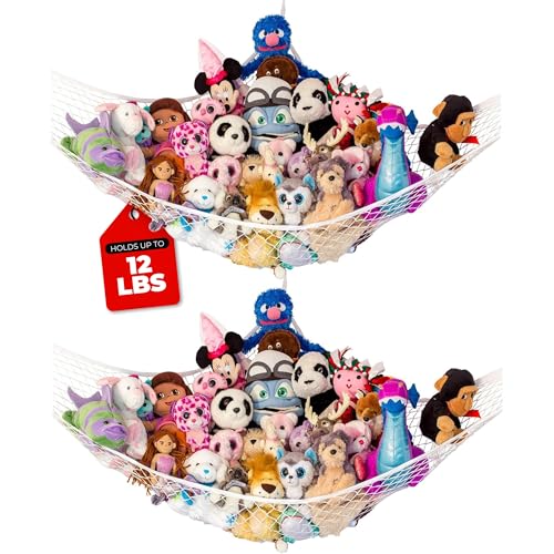 Lilly's Love Stuffed Animal Hammock | Corner Hanging Organizer, Toy Storage, Stuffed Animal Storage Net | Made from Quality Fishing Net, Holds 12lbs | 67"x47"x47" (White, 2 Pack)