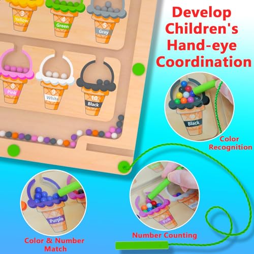 Magnetic Color & Number Maze - Montessori Wooden Color Matching Learning Counting Puzzle Board - Toddler Fine Motor Skills Toys for Boys Girls 2 3 4 Years Old - Image 6