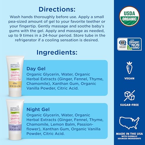 Mommy's Bliss Organic Little Gums Soothing Massage Gel Day and Night Combo, Great for Teething Babies, Age 2 Months+, Sugar Free, Mild & Sweet Flavor, 2 - 0.53 Oz Tubes (Pack of 1) - Image 7