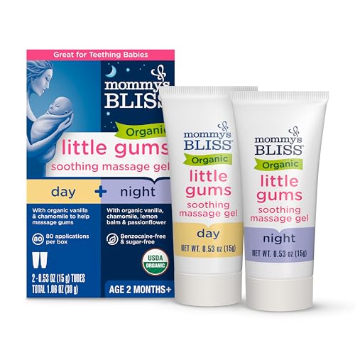Mommy's Bliss Organic Little Gums Soothing Massage Gel Day and Night Combo, Great for Teething Babies, Age 2 Months+, Sugar Free, Mild & Sweet Flavor, 2 - 0.53 Oz Tubes (Pack of 1)