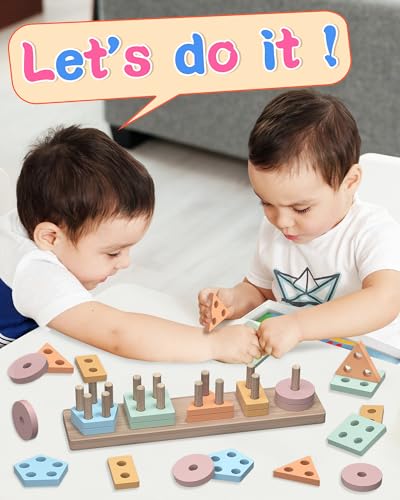 Montessori Toys for 1 2 Year Old Girl and Boy Birthday Gifts, Shape Sorter Wooden Toys for Toddlers Age 1-3 2-4, Learning Educational Sensory Stacking Toddler Puzzles - Image 3