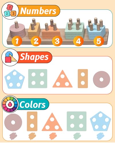 Montessori Toys for 1 2 Year Old Girl and Boy Birthday Gifts, Shape Sorter Wooden Toys for Toddlers Age 1-3 2-4, Learning Educational Sensory Stacking Toddler Puzzles - Image 6