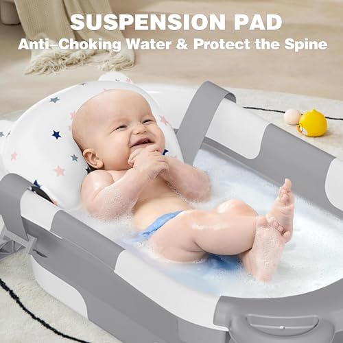 MoreFeel Collapsible Baby Bathtub for Newborn with Thermometer & 1 Hooded Towel & 1 Soft Floating Cushion,Portable Travel Bathtub with Drain Hole, Durable Foldable Baby Tubs for Infants to Toddler - Image 4