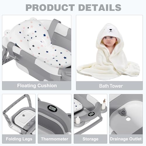 MoreFeel Collapsible Baby Bathtub for Newborn with Thermometer & 1 Hooded Towel & 1 Soft Floating Cushion,Portable Travel Bathtub with Drain Hole, Durable Foldable Baby Tubs for Infants to Toddler - Image 6