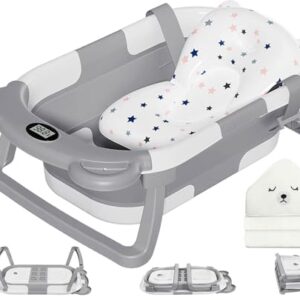 MoreFeel Collapsible Baby Bathtub for Newborn with Thermometer & 1 Hooded Towel & 1 Soft Floating Cushion,Portable Travel Bathtub with Drain Hole, Durable Foldable Baby Tubs for Infants to Toddler
