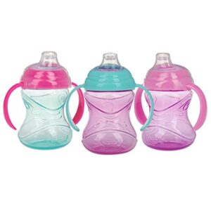 Nuby Clik-It Grip N’ Sip Soft Spout No-Spill Training Sippy Cup with Handles – (3-Pack) 10 oz – 4+ Months – Aqua/Purple/Pink