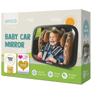 Onco Baby Car Mirror Rear Facing – Double Award-Winning Convex Car Mirror for Baby, 100% Shatterproof & Shakeproof with 360° Rotation, Newborn Essentials (9.6 x 6.9 in)