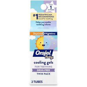 Orajel Baby Daytime & Nighttime Cooling Gels for Teething, Drug – Free, #1 Pediatrician Recommended Brand for Teething*, Two 0.18oz Tubes