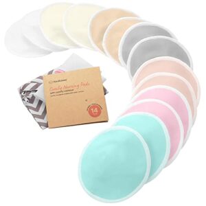 Organic Nursing Pads – 14 Washable Breast Pads for Breastfeeding, Wash Bag, Viscose Derived from Bamboo Reusable Nipple Covers for Breastfeeding Essentials, Soft & Absorbent (Pastel Touch, L 4.8″)