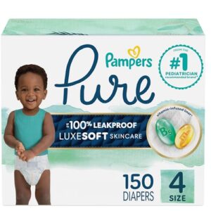 Pampers Pure Protection Baby Diapers, Size 4, 150 Count, Up to 100% Leakproof, Premium Plant-based Skin Protection, Hypoallergenic Soft Diapers