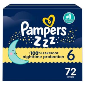Pampers ZZZ Overnight Diapers, Size 6 (35+ lbs), 72 Count, Nighttime Protection Disposable Baby Diaper, Night Time Leak and Skin Protection