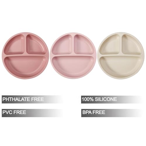 PandaEar 3 Pack Toddler Plates, Silicone Divided Suction Plate for Babies, BPA-Free 100% Food-Grade Silicone Unbreakable Baby Plate (Pink/Linen/Light Pink) - Image 3