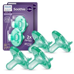 Philips Avent Soothie Baby Pacifiers – 100% Silicone Pacifiers for Babies 3-18 Months, One-Piece Design, BPA-Free, Extra Durable, Green, 4 Pack, Model SCF192/45