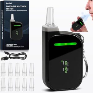 Portable Breathalyzers for Alcohol, Professional-Grade High Accuracy Alcohol Breathalyzer Tester Keychain, USB Rechargeable, 3-Color Warning & Sobriety Time Reminder, 10 Mouthpieces Included, Black