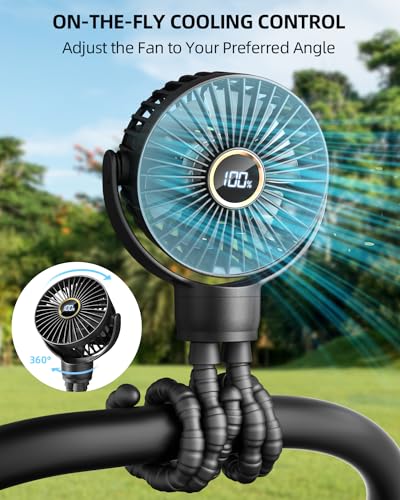 Portable Stroller Mini Fan, Small Rechargeable Personal Fan, Baby Travel Essentials for Wagon, Car Seat, Treadmill, Battery Powered Biking Gear Accessories, 360° Rotation, 3-Speed, Display, Black - Image 3