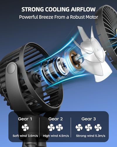 Portable Stroller Mini Fan, Small Rechargeable Personal Fan, Baby Travel Essentials for Wagon, Car Seat, Treadmill, Battery Powered Biking Gear Accessories, 360° Rotation, 3-Speed, Display, Black - Image 4