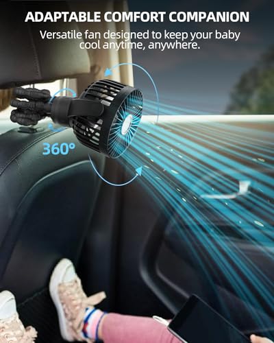 Portable Stroller Mini Fan, Small Rechargeable Personal Fan, Baby Travel Essentials for Wagon, Car Seat, Treadmill, Battery Powered Biking Gear Accessories, 360° Rotation, 3-Speed, Display, Black - Image 6
