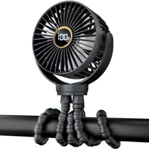 Portable Stroller Mini Fan, Small Rechargeable Personal Fan, Baby Travel Essentials for Wagon, Car Seat, Treadmill, Battery Powered Biking Gear Accessories, 360° Rotation, 3-Speed, Display, Black