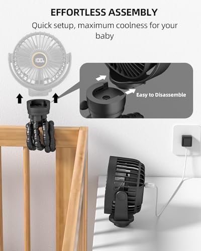 Portable Stroller Mini Fan, Small Rechargeable Personal Fan, Baby Travel Essentials for Wagon, Car Seat, Treadmill, Battery Powered Biking Gear Accessories, 360° Rotation, 3-Speed, Display, Black - Image 7