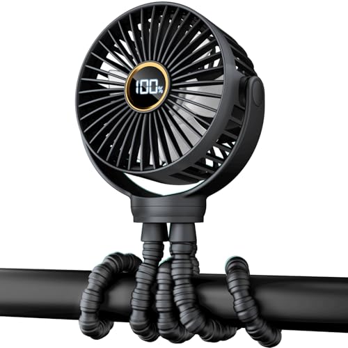 Portable Stroller Mini Fan, Small Rechargeable Personal Fan, Baby Travel Essentials for Wagon, Car Seat, Treadmill, Battery Powered Biking Gear Accessories, 360° Rotation, 3-Speed, Display, Black