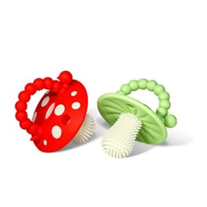 RaZbaby Soft Silicone Infant & Baby 3M+ Teether Toy Massaging Bristles Teething Relief Pacifier – Soothes Sore Gums – Hands-Free & Easy-to-Hold Chompy Teether, BPA Free (RED/Green)