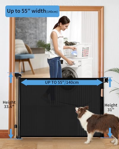 Retractable Baby Gate for Doorways and Stairs, Mesh Safety Gate for Pet, Indoor & Outdoor Use, One-Hand Operation, Easy Installation, 33.6" Tall, Expands to 55" Wide(Black,33.6"x55") - Image 3