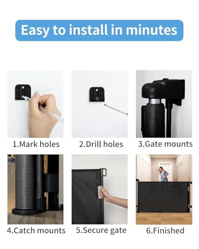 Retractable Baby Gate for Doorways and Stairs, Mesh Safety Gate for Pet, Indoor & Outdoor Use, One-Hand Operation, Easy Installation, 33.6" Tall, Expands to 55" Wide(Black,33.6"x55") - Image 6