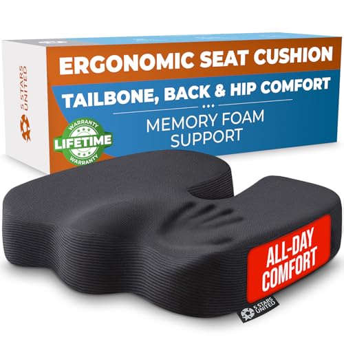 Seat Cushion for Office Chairs - Tailbone, Coccyx Pain Relief - Butt, Pressure & Sciatica Relief - Gaming, Wheelchair, Car & Desk Pillow, Black